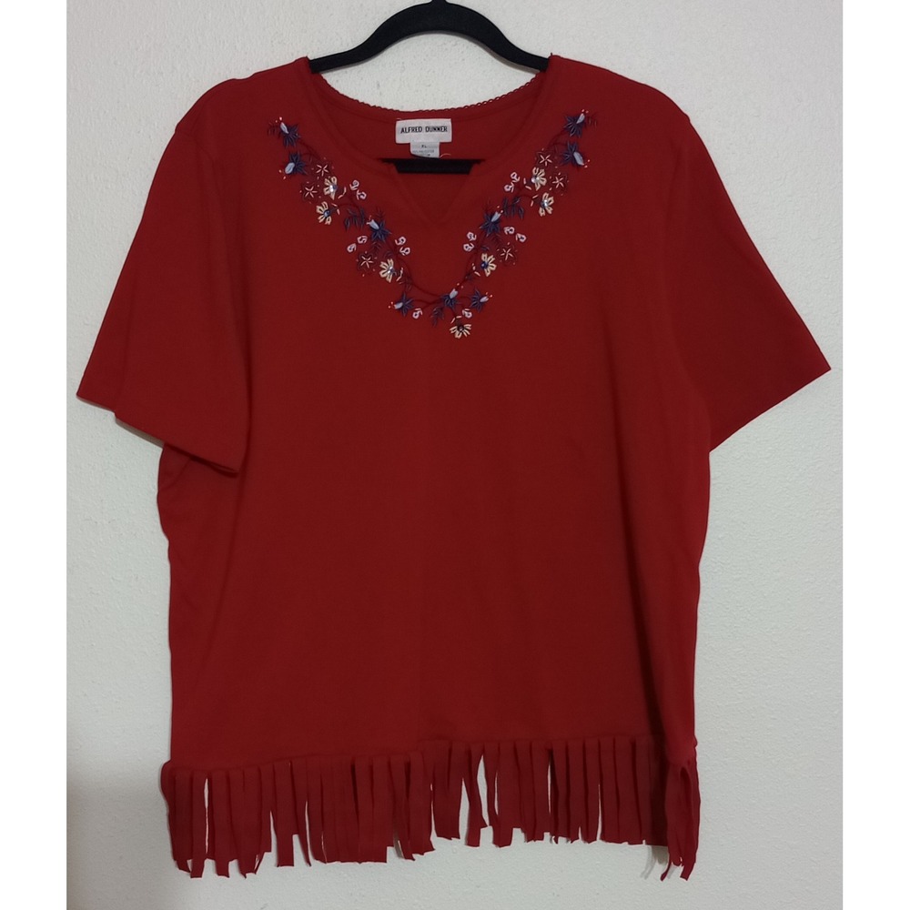 Alfred Dunner Womens Red Floral Embroidered Fringe Hem Short Sleeve Top XL